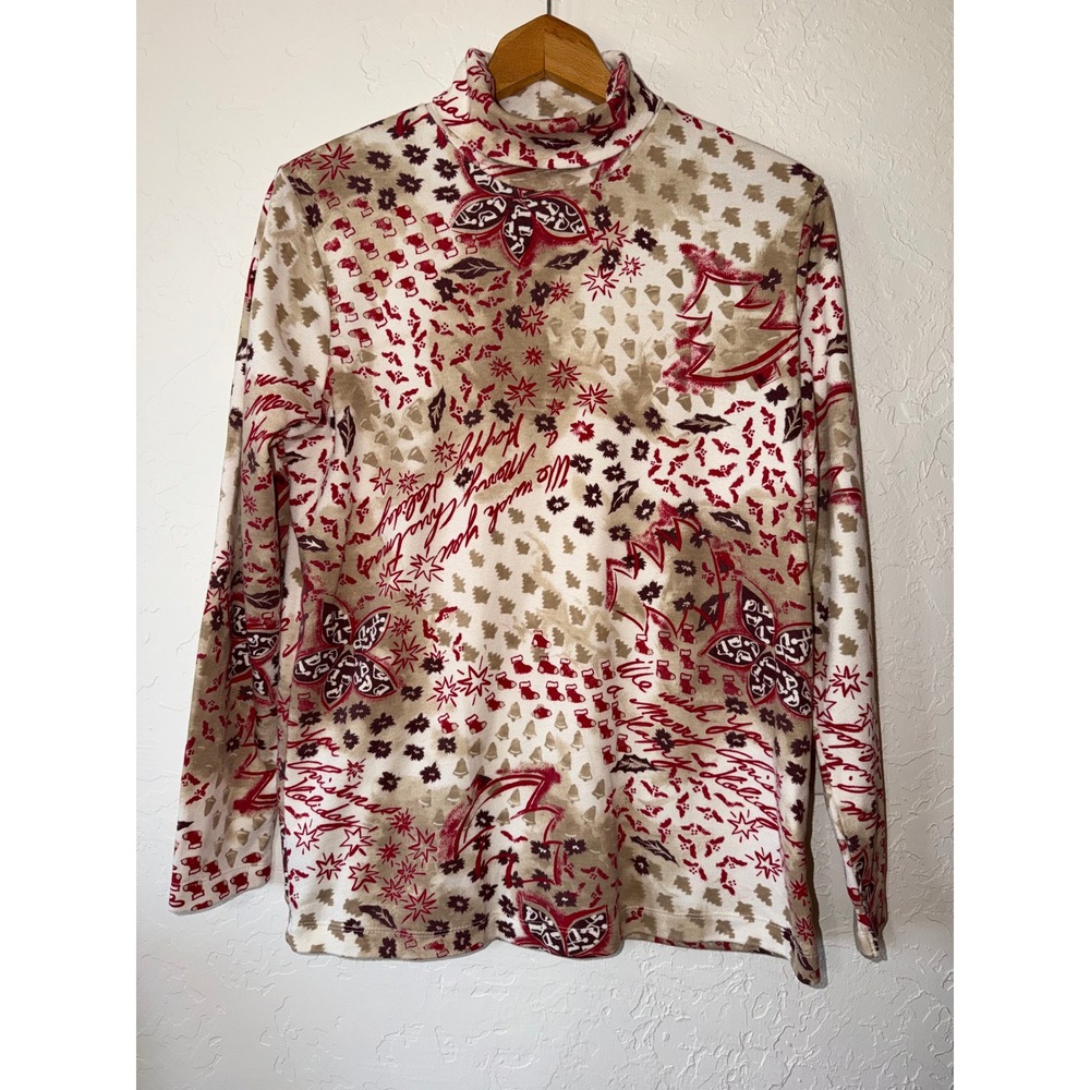 VTG 90s Bobbie Brooks Christmas Turtleneck Top L Large Festive All Over Print